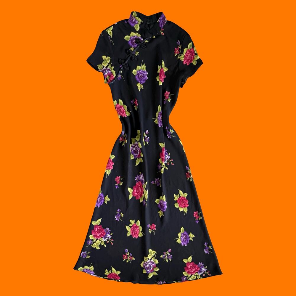 90's vintage black floral chiffon cheongsam maxi dress MEDIUM